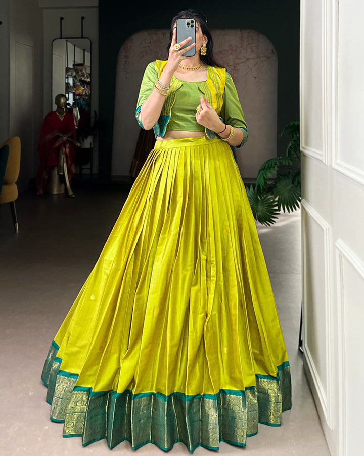 Parrot Green Color Poly Cotton Zari Weaving Lehenga Choli