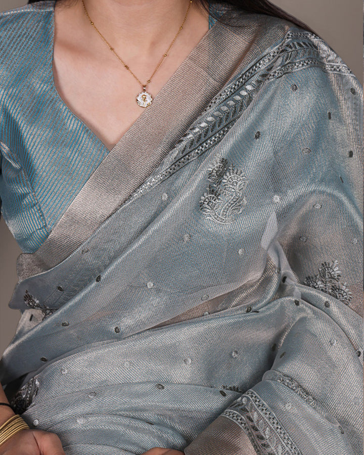 Sky Blue Color Poly Shimmer Embroidered Saree
