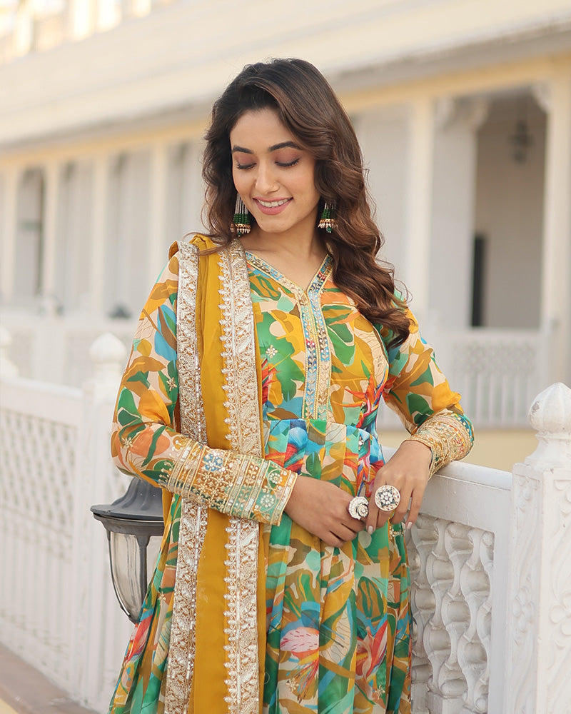 Wedding Wear Floral Embroidered Yellow Color Alia Cut Gown With Dupatta