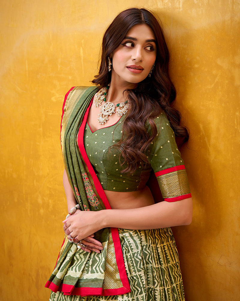 Mehndi Color Dola Silk Batik Printed Lehenga Choli