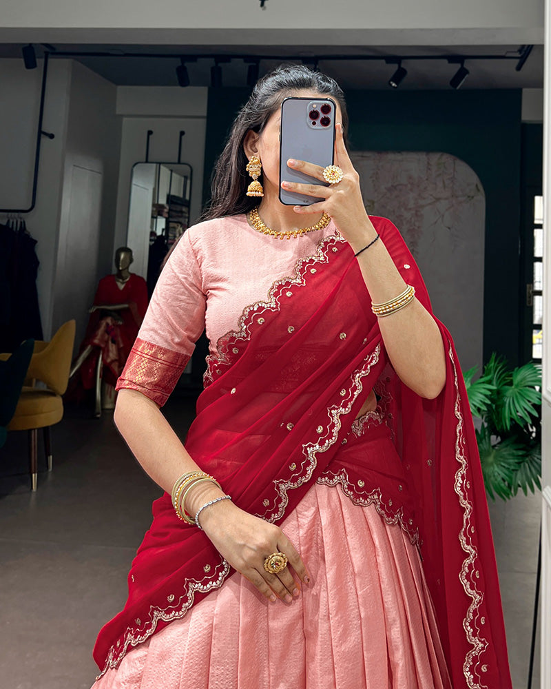 Peach Color Cotton Silk Designer Half Saree