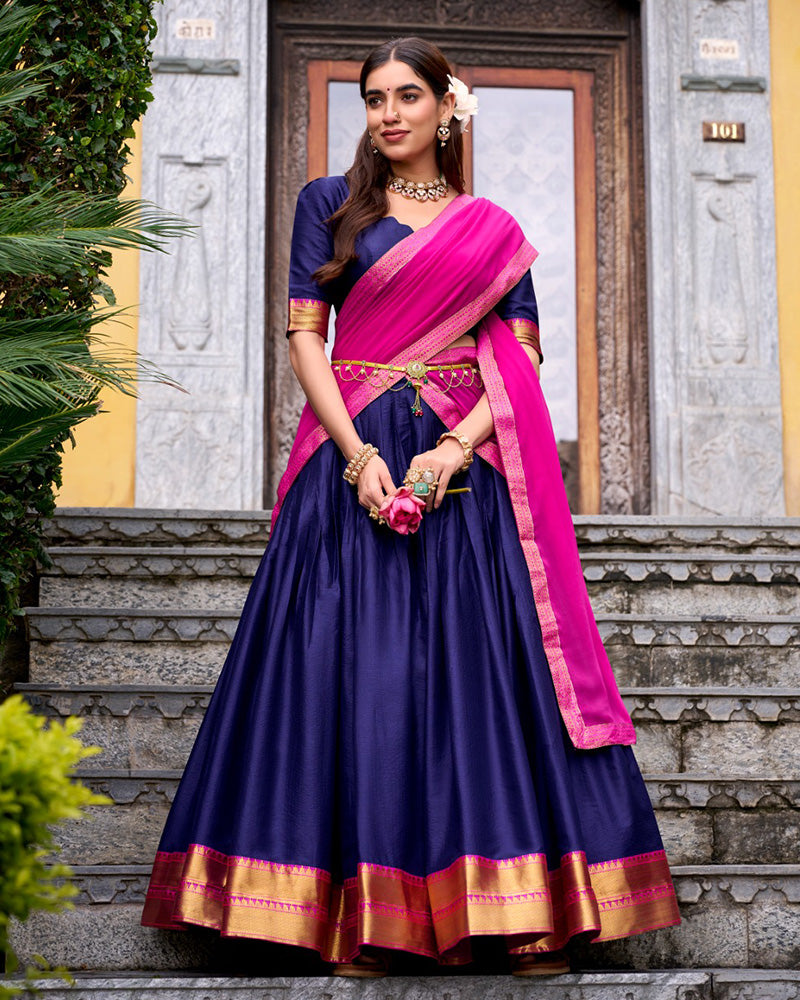 Designer Navy Blue Color Poly Cotton Half Saree