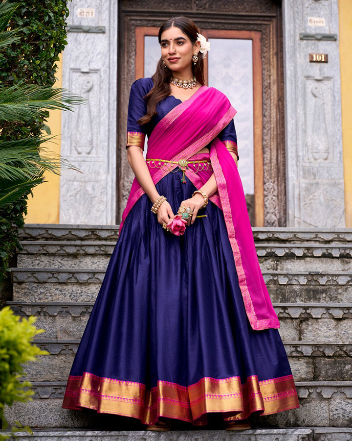 Designer Navy Blue Color Poly Cotton Half Saree