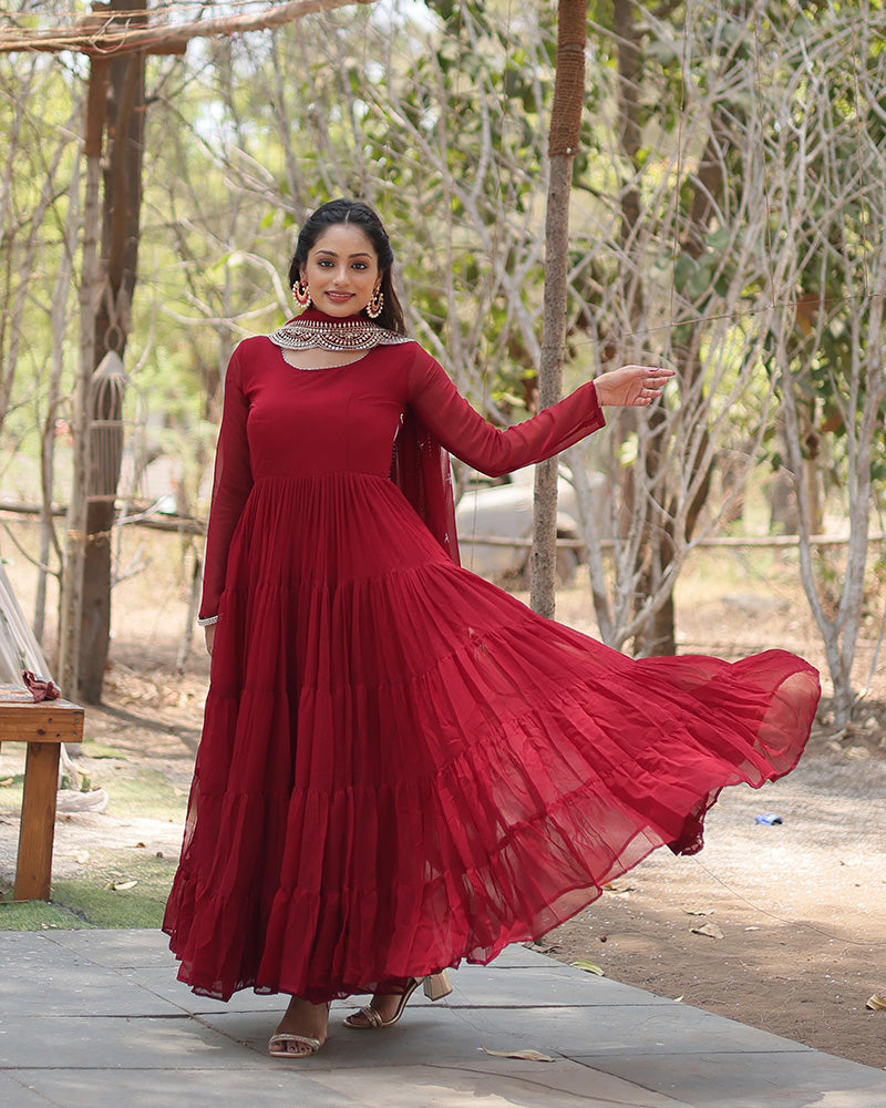 Maroon Color Designer Embroidered Gown With Dupatta