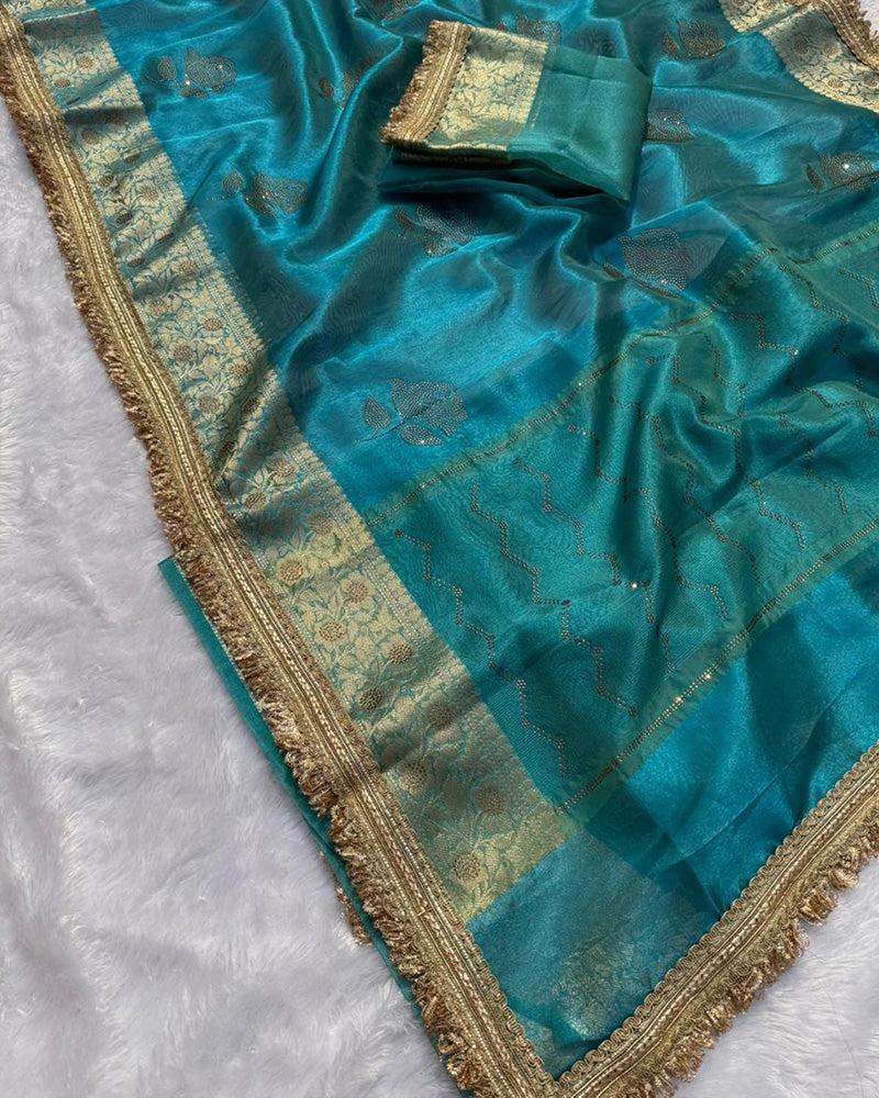 Sky Color Banarasi Tissue Silk Stone Work Saree