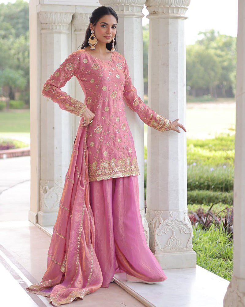 Baby Pink Color Fendi Silk Embroidered Sharara Suit