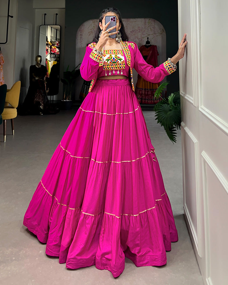 Pink Color Pure Rayon Gamthi Navratri Lehenga Choli