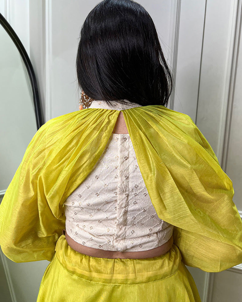 Rajwadi Chanderi Silk Two Color Fully Stitched Crop Top Lehenga Choli