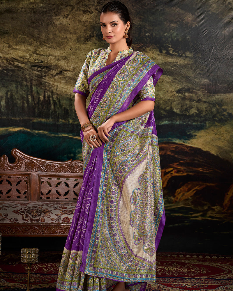 Purple Color Green Silk Fusion Printed Saree