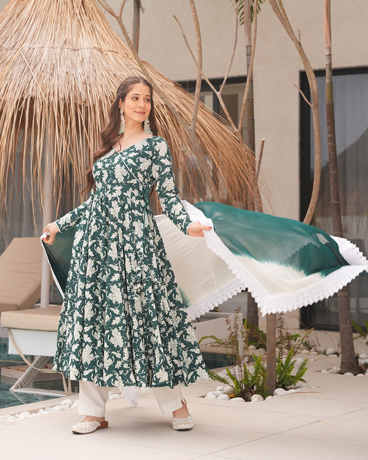 White And Green Color Floral Printed Cotton Anarkali Suit