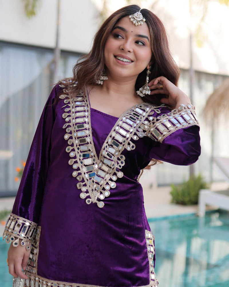 Deep Violet Color Ice Velvet Embroidered Plazzo Suit