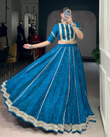 Firozi Color Chiffon Bandhej Printed Navratri Lehenga Choli