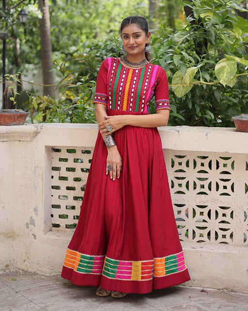 Maroon Color Roman Silk Multi Threaded Work Navratri Gown