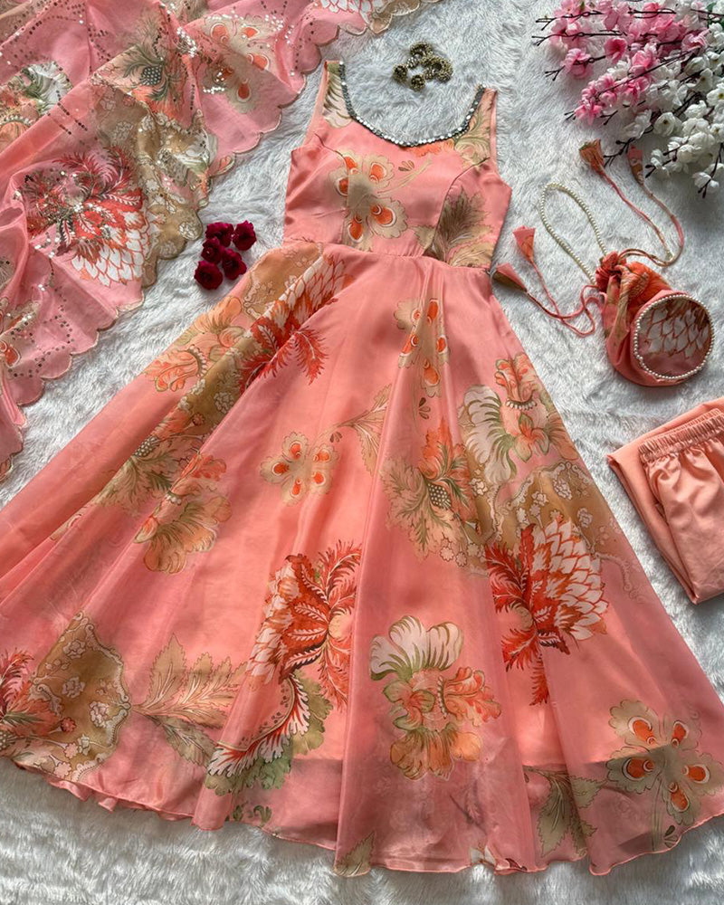 Peach Color Digital Printed Soft Organza Anarkali Suit