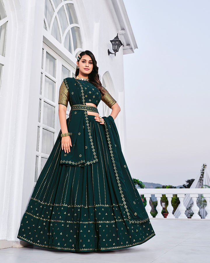 Teel Green Color Sequence Embroidered Georgette Semi Stitched Lehenga Choli