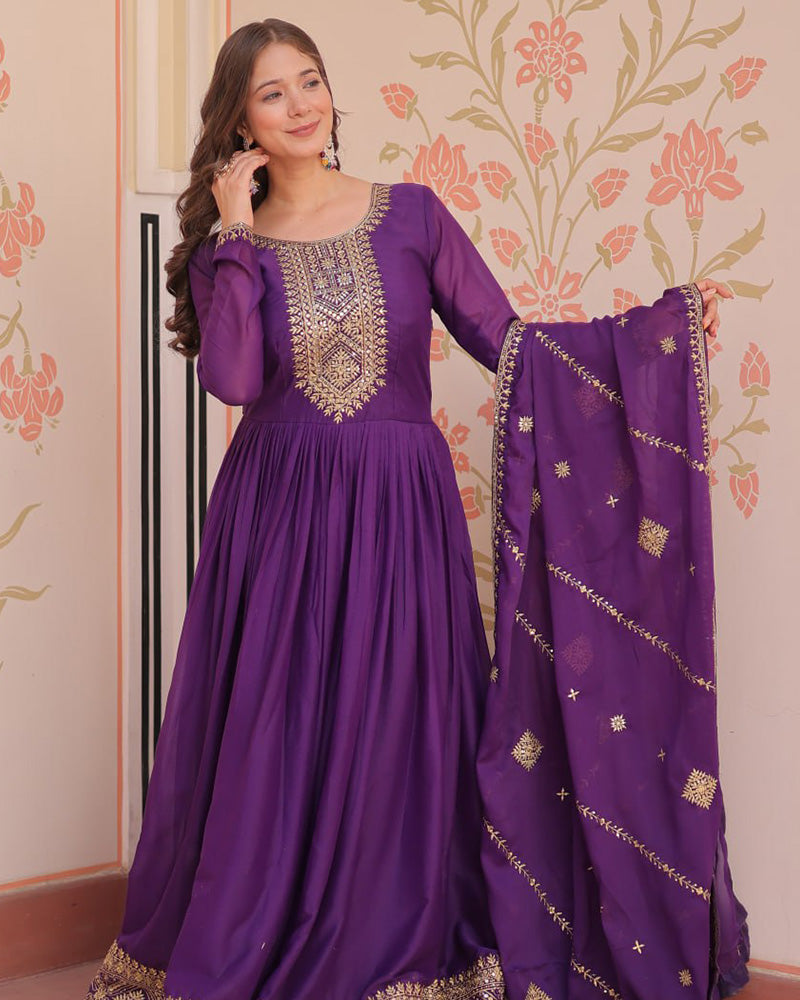 Purple Color Star Georgette Embroidered Gown