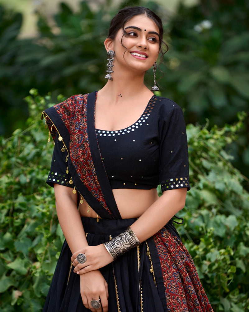 Black Color Cotton Plain Navratri Lehenga Choli