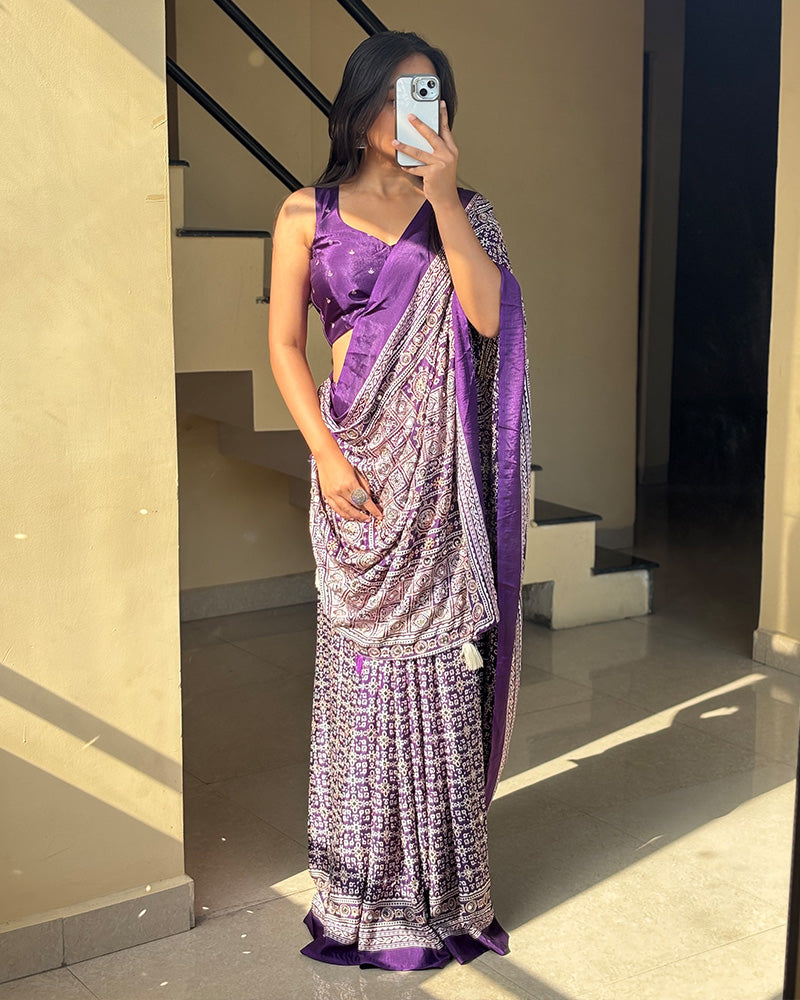Purple Color Pure Crape Silk Ajarakh Print Saree