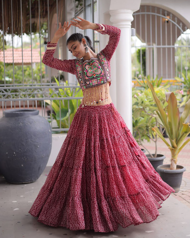 Four Color Bandhani Printed Faux Georgette Navratri Lehenga Set