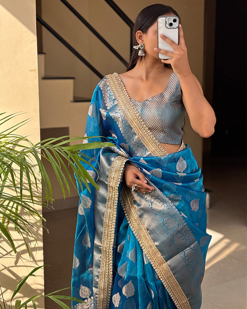 Sky Color Banarasi Tissue Gold Zari Weaving Saree