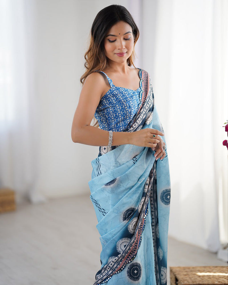 Sky Blue Color Chinnon Silk Mirror Work Saree