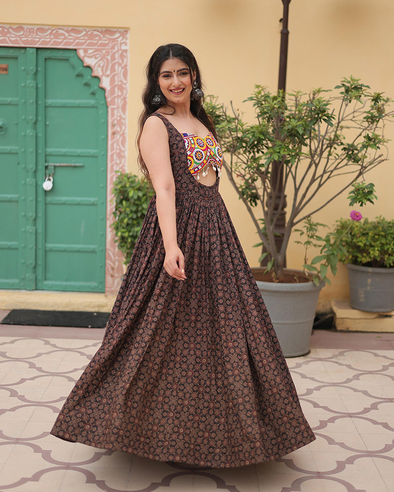 Black Color Cotton Printed Navratri Gown