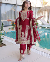 Wine Maroon Color Fendi Silk Embroidered Kurti Suit