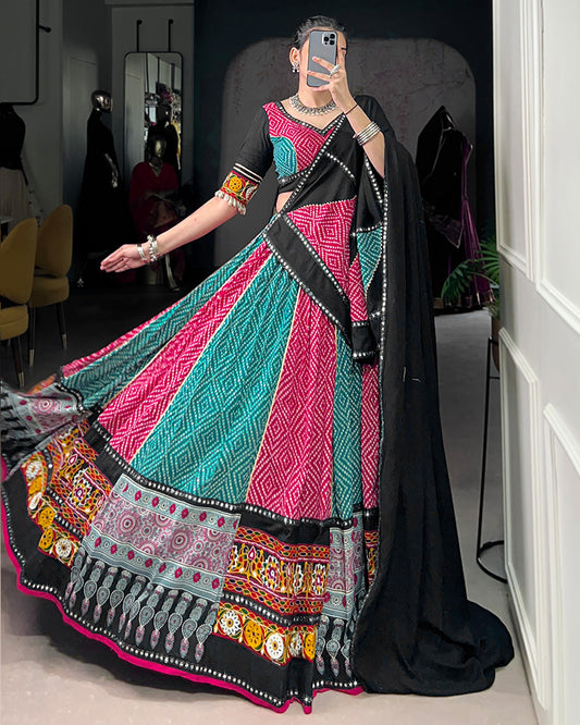 Sky And Pink Bandhej And Ajarakh Print Rayon Navratri Lehenga Choli