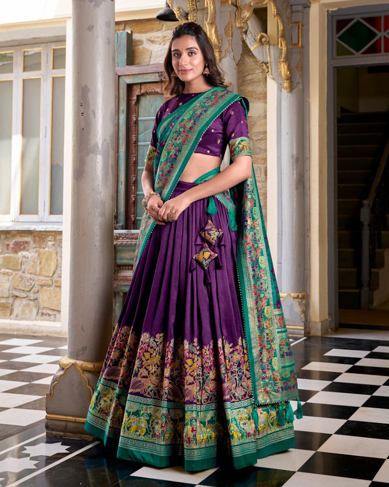Purple Color Tussar Silk Printed With Foil Work Half Saree
