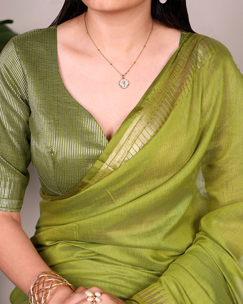 Olive Green Color Cotton Silk Zari Weaving Saree