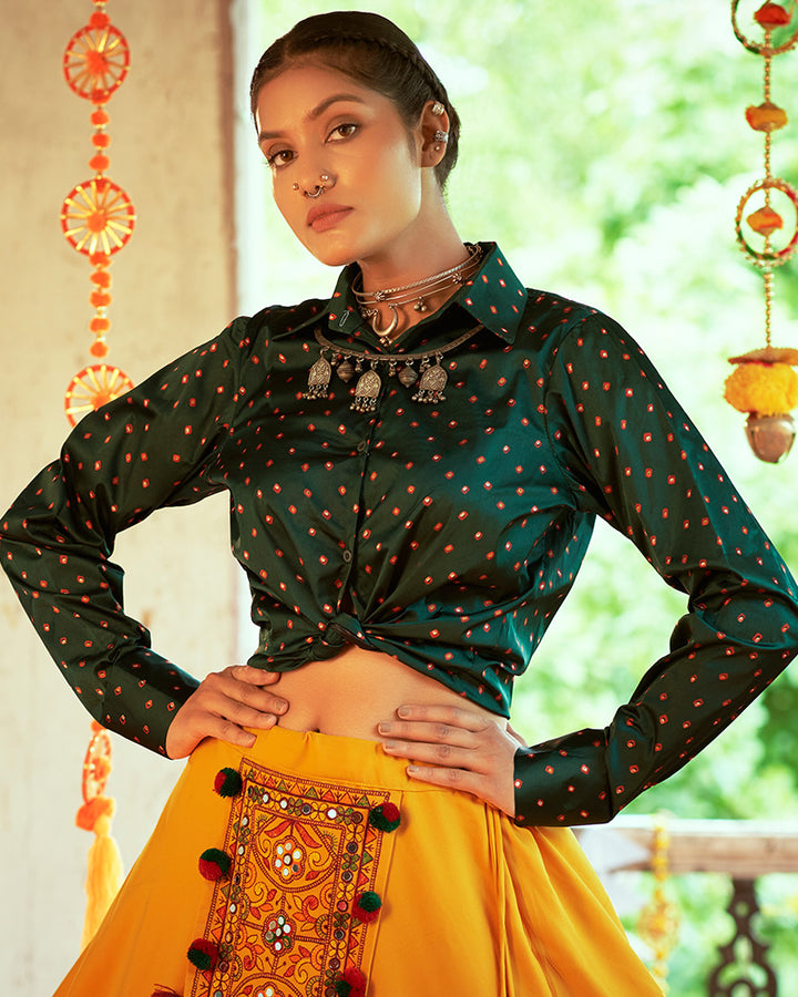 Green And Mustard Yellow Color Cotton Printed Fully Stitched Navratri Lehenga Choli