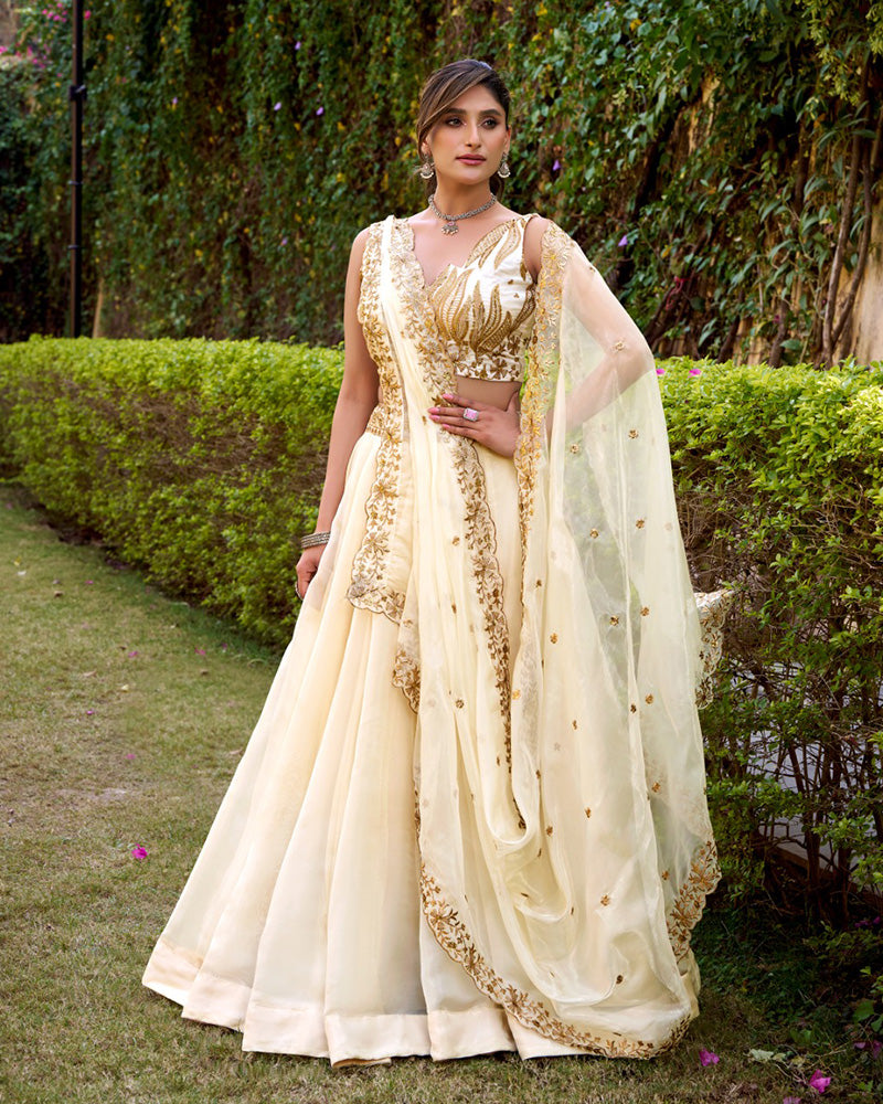 White Color Chanda Silk Embroidered Lehenga Choli