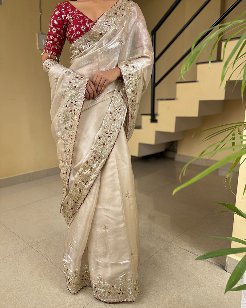 Cream Color Pure Soft Organza Saree