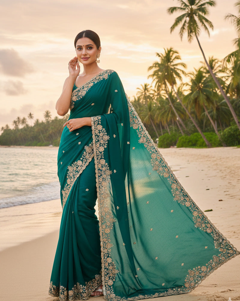 Maroon Color Space Silk Beads Embroidered Saree