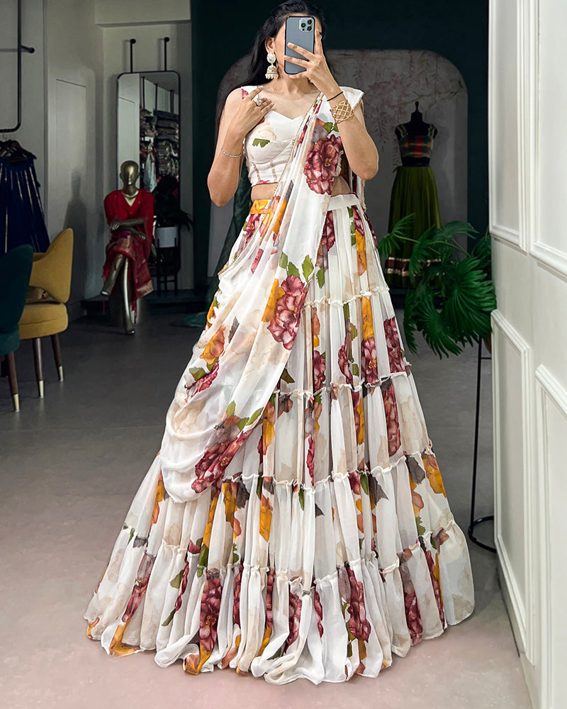 White Color Lightweight Chiffon Printed Lehenga Choli