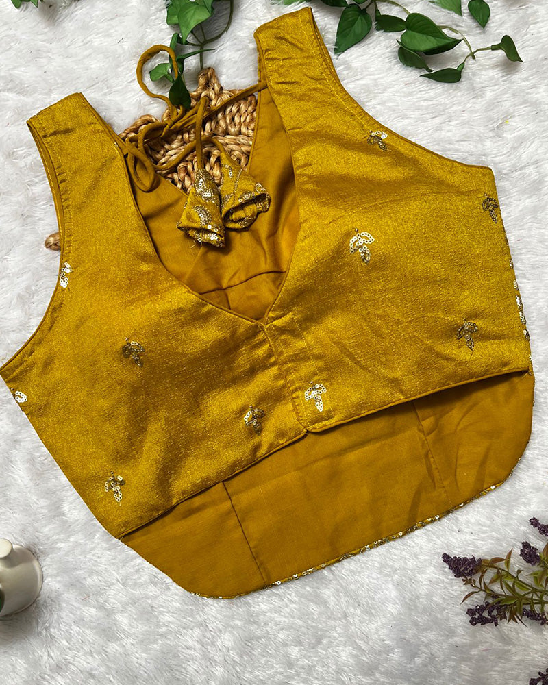 Mustard Color Vichitra Silk Embroidered Blouse