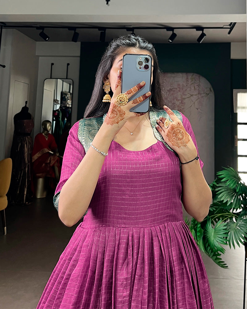 Pink Color Dola Chex Zari Weaving Gown