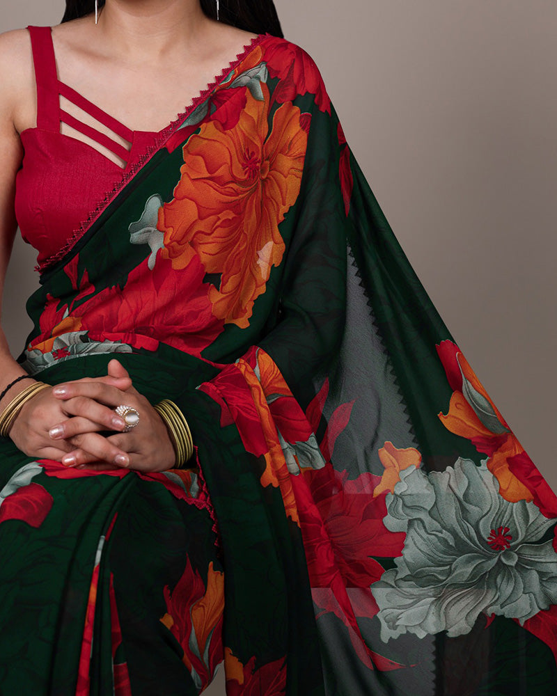 Red Color Weightless Marble Floral Printed Saree