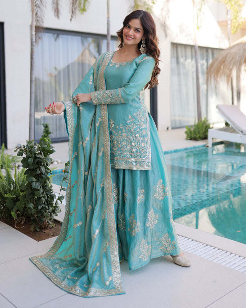 Sky Color Fendi Crush Embroidered Plazzo Suit