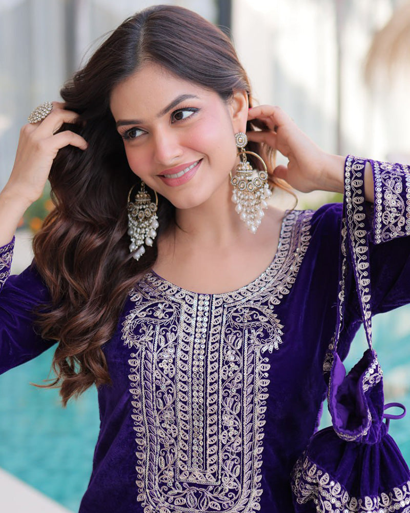 Purple Color Velvet Embroidered Kurti Suit
