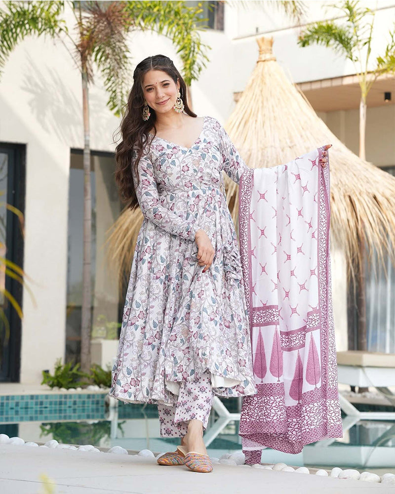 White Color Printed Soft Cotton Three Piece Anarkali Suit