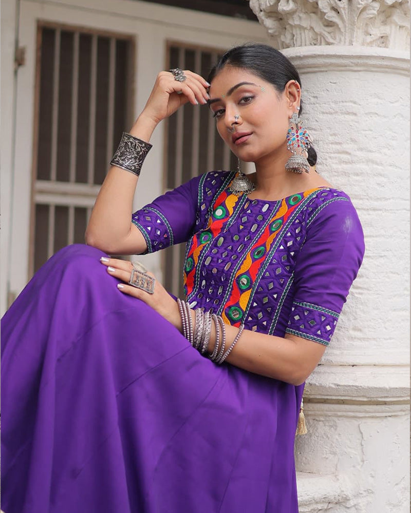 Colorful Border Purple Color Roman Silk Gamthi Work Navratri Gown