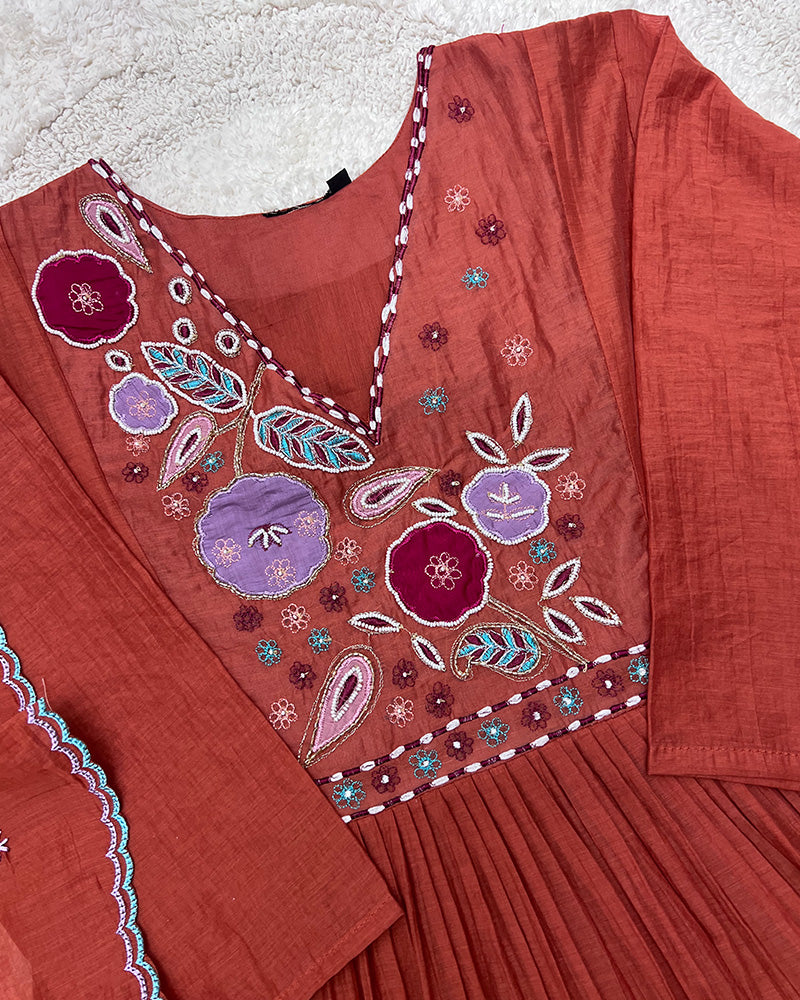 Rust Orange Color Mal Cotton Three Piece Kurti Suit