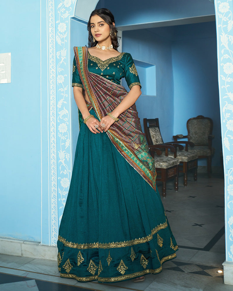 Elegant Teal Green Embroidered Vichitra Silk Lehenga Choli