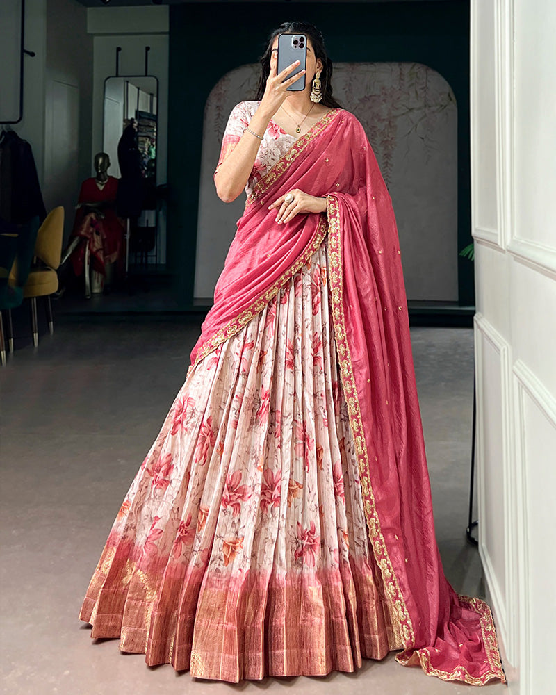 Red Color Dola Chex Floral Printed Half Saree