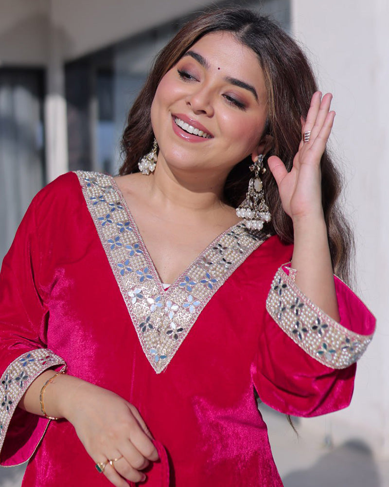 Rani Pink Color Ice Velvet Embroidered Plazzo Suit