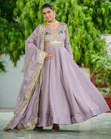 Lavender Color Vichitra Silk Sequence Embroidered Gown