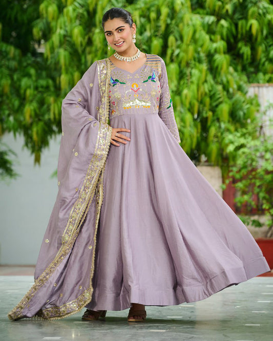Lavender Color Vichitra Silk Sequence Embroidered Gown