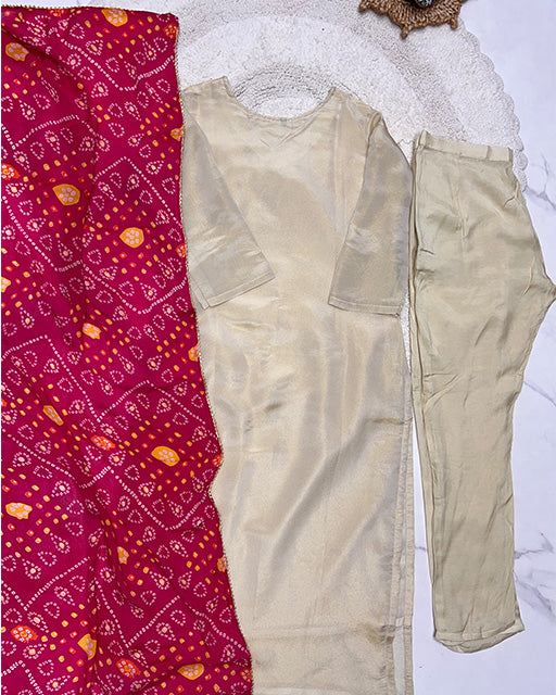 Gold Cream Color Fendy Chiffon Kurti Suit