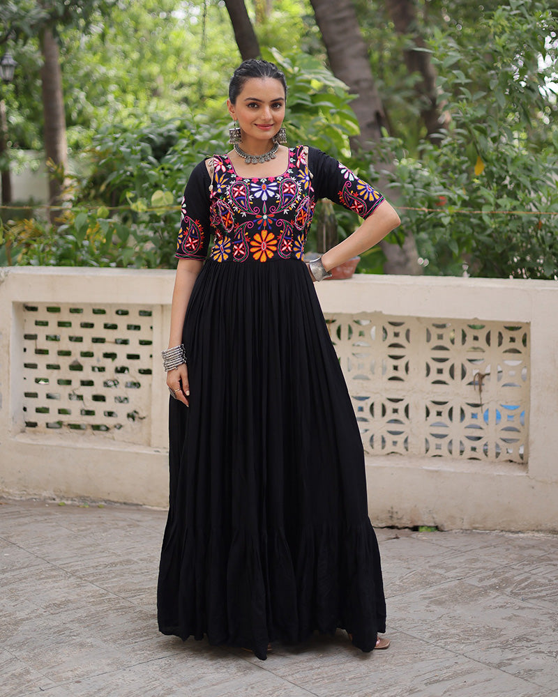 Black Color Rayon Kutchi Gamthi Style Navratri Gown